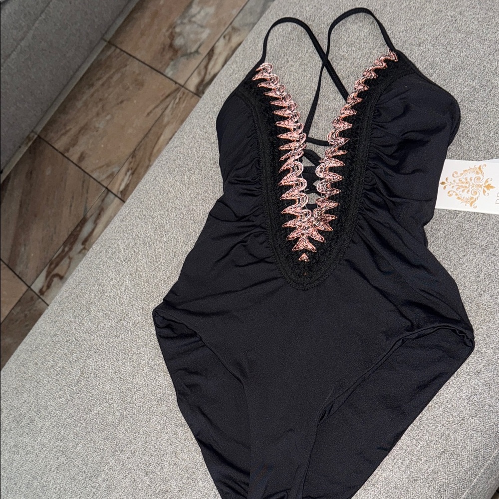 Becca Black Swimsuit with Pink Embroidery
